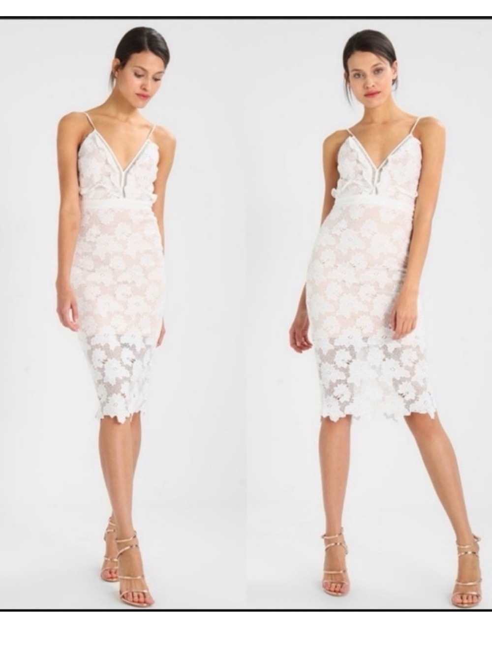 Bardot White Lace V-Neck Spaghetti Strap Midi Dress